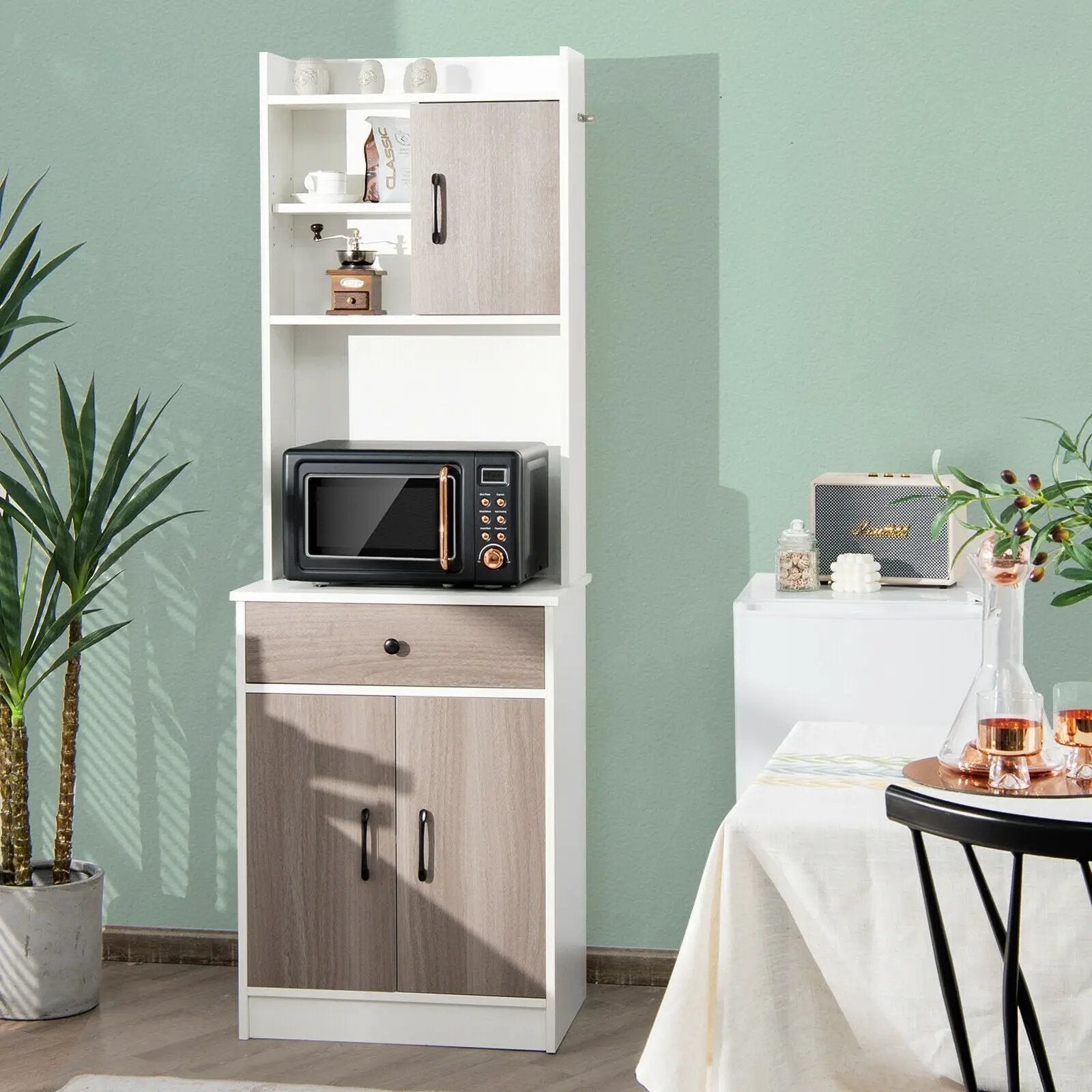 3-Door 71 Inch Kitchen Buffet Pantry Storage Cabinet with Hutch and Adjustable Shelf by DirectDeals