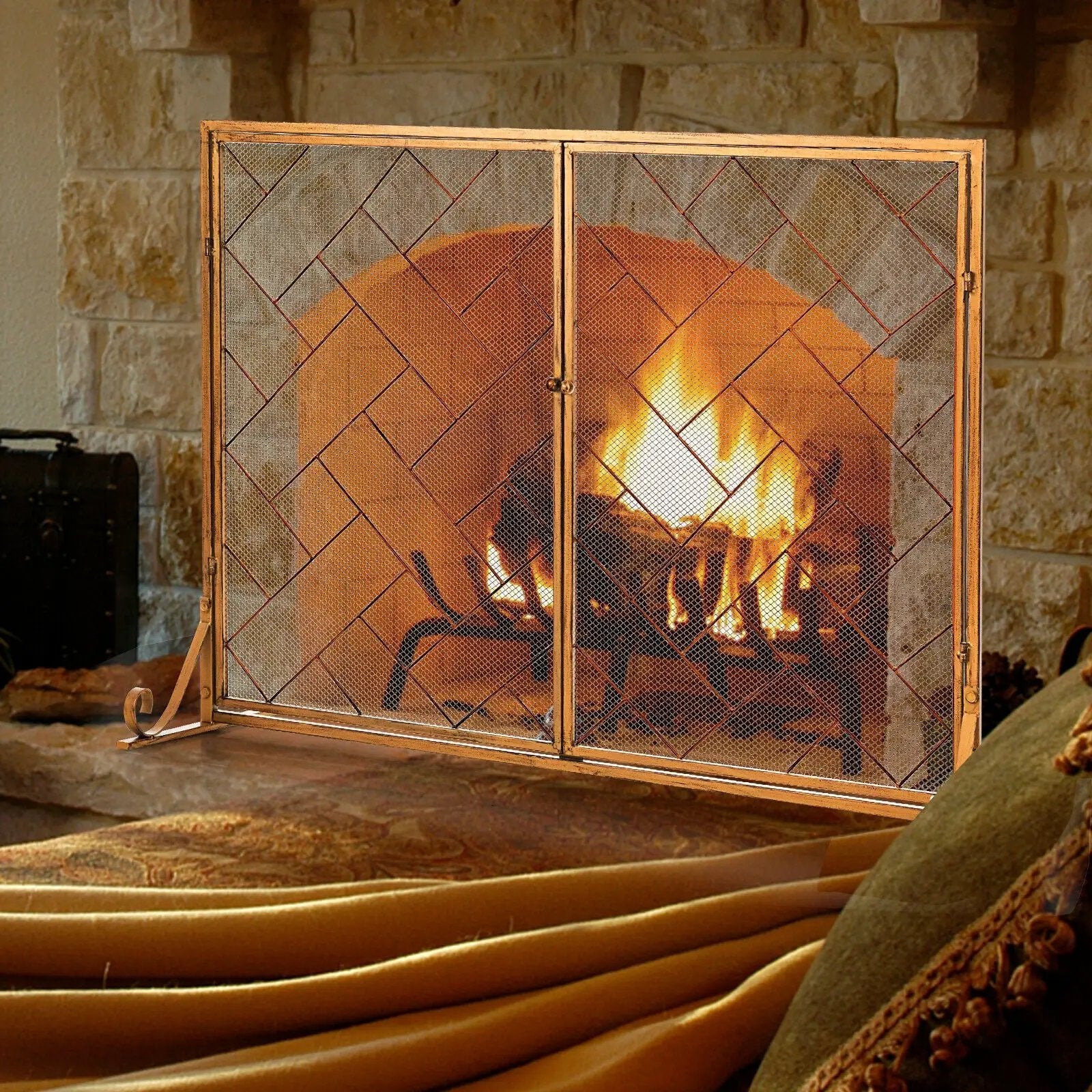 2-Panel Fireplace Screen Folding Metal Fire Place Safety Fence with Magnetic Doors by DirectDeals