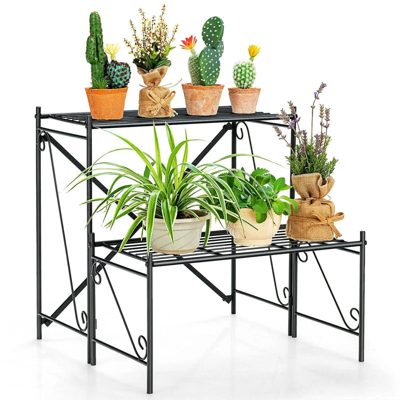2-Tier Stair Style Metal Plant Stand for Indoor and Outdoor-Black by DirectDeals