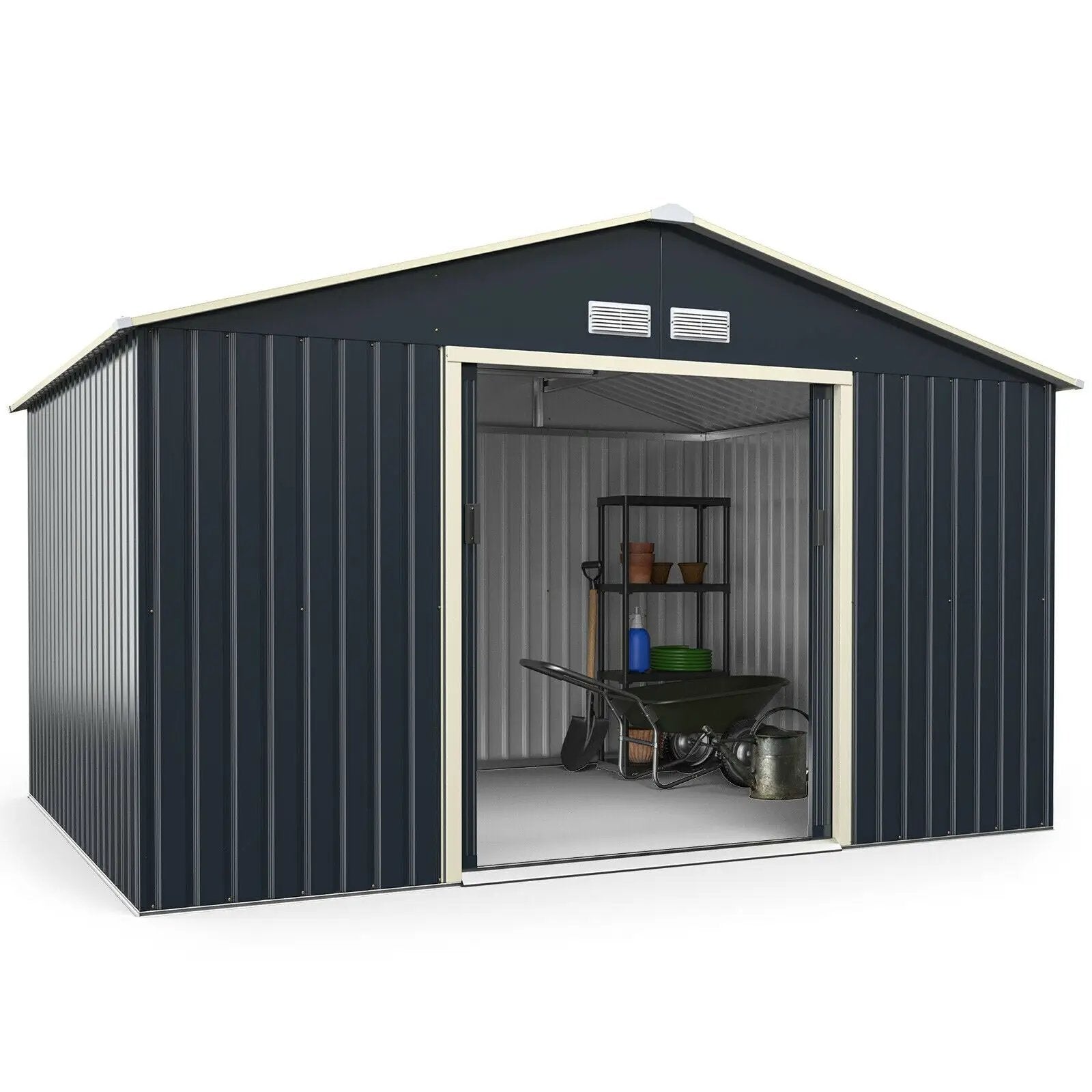 11 x 8 Feet Metal Storage Shed for Garden and Tools with 2 Lockable Sliding Doors-Gray by DirectDeals