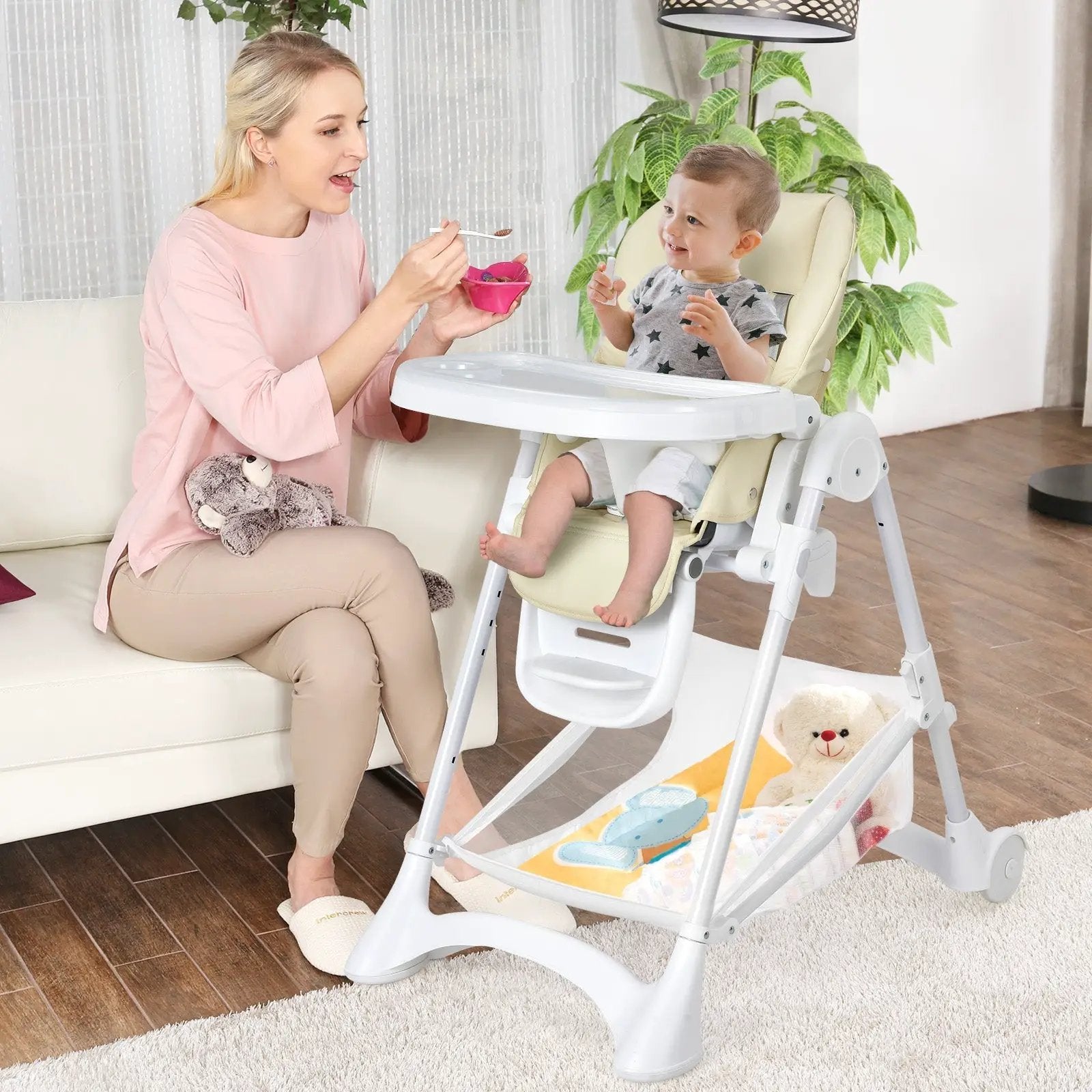 Baby Convertible Folding Adjustable High Chair with Wheel Tray Storage Basket by DirectDeals
