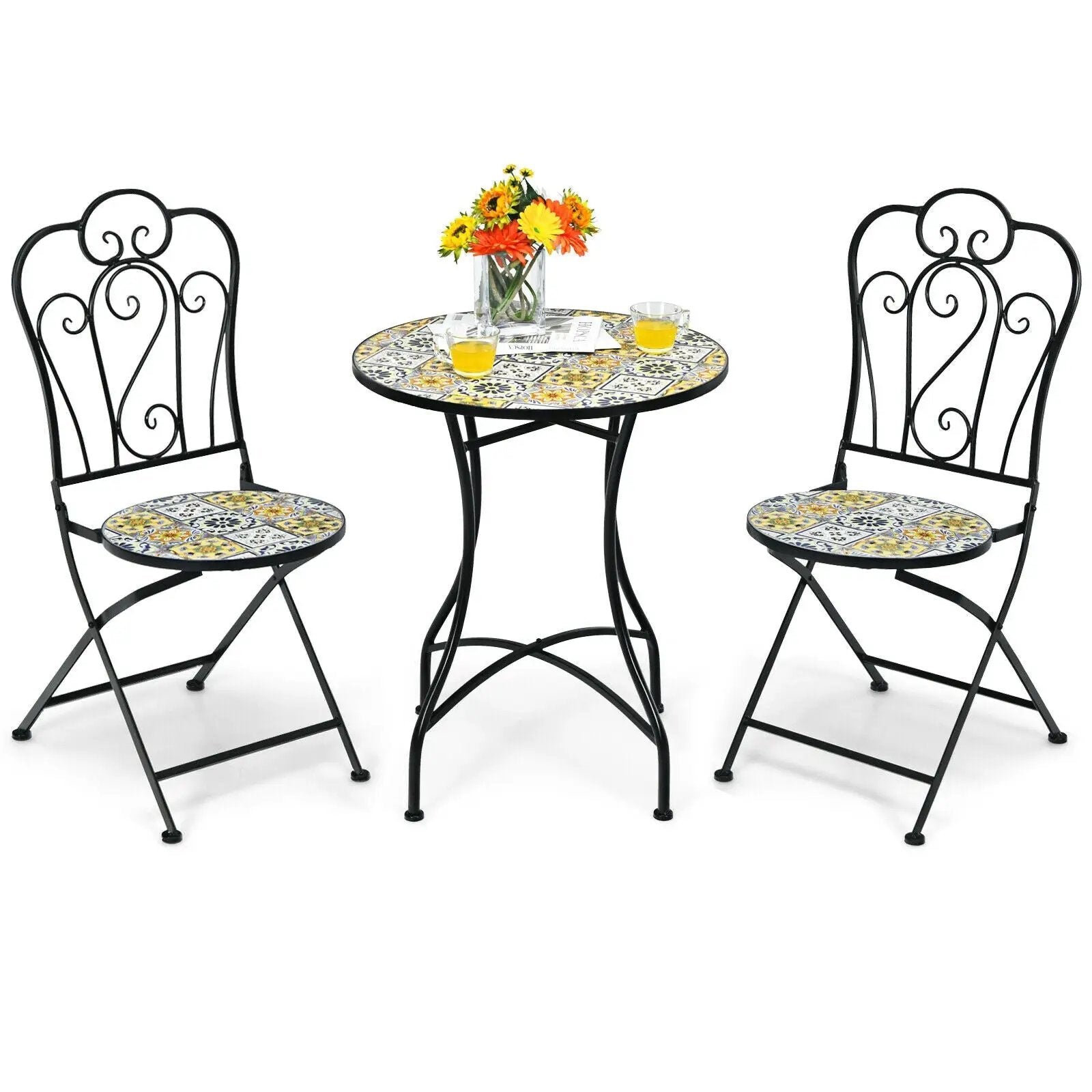 3 Pieces Patio Bistro Mosaic Design Set with Folding Chairs and Round Table by DirectDeals