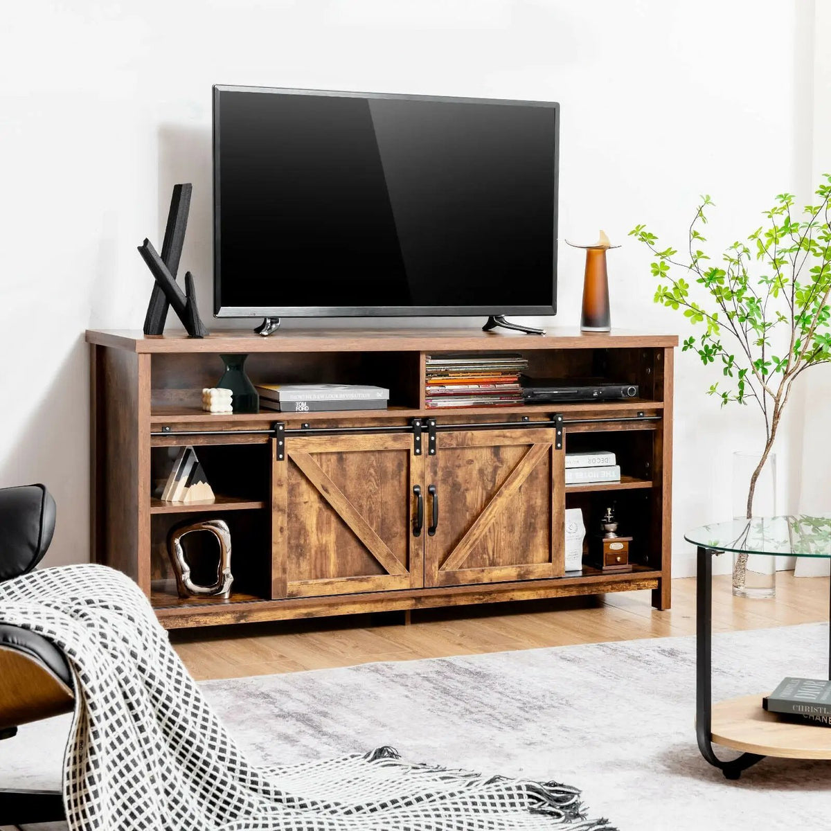 59 Inch Sliding Barn Door TV Stand with Adjustable Shelves for TVs up to 65 Inch, photo 11 of 24