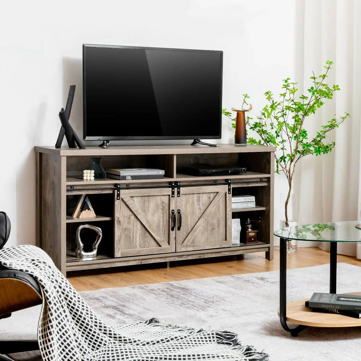 59 Inch Sliding Barn Door TV Stand with Adjustable Shelves for TVs up to 65 Inch, photo 18 of 24