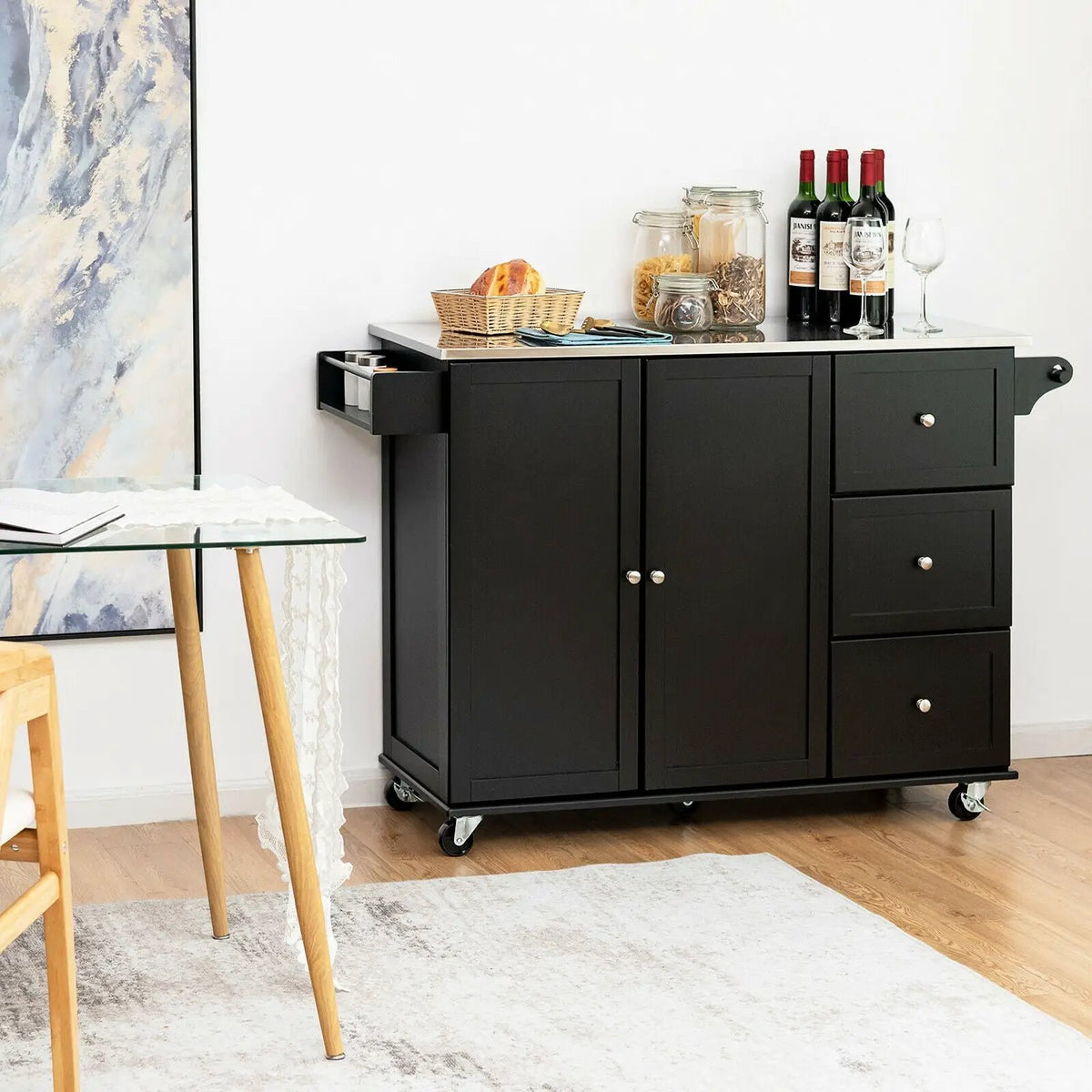 Kitchen Island 2-Door Storage Cabinet with Drawers and Stainless Steel Top, photo 3 of 24
