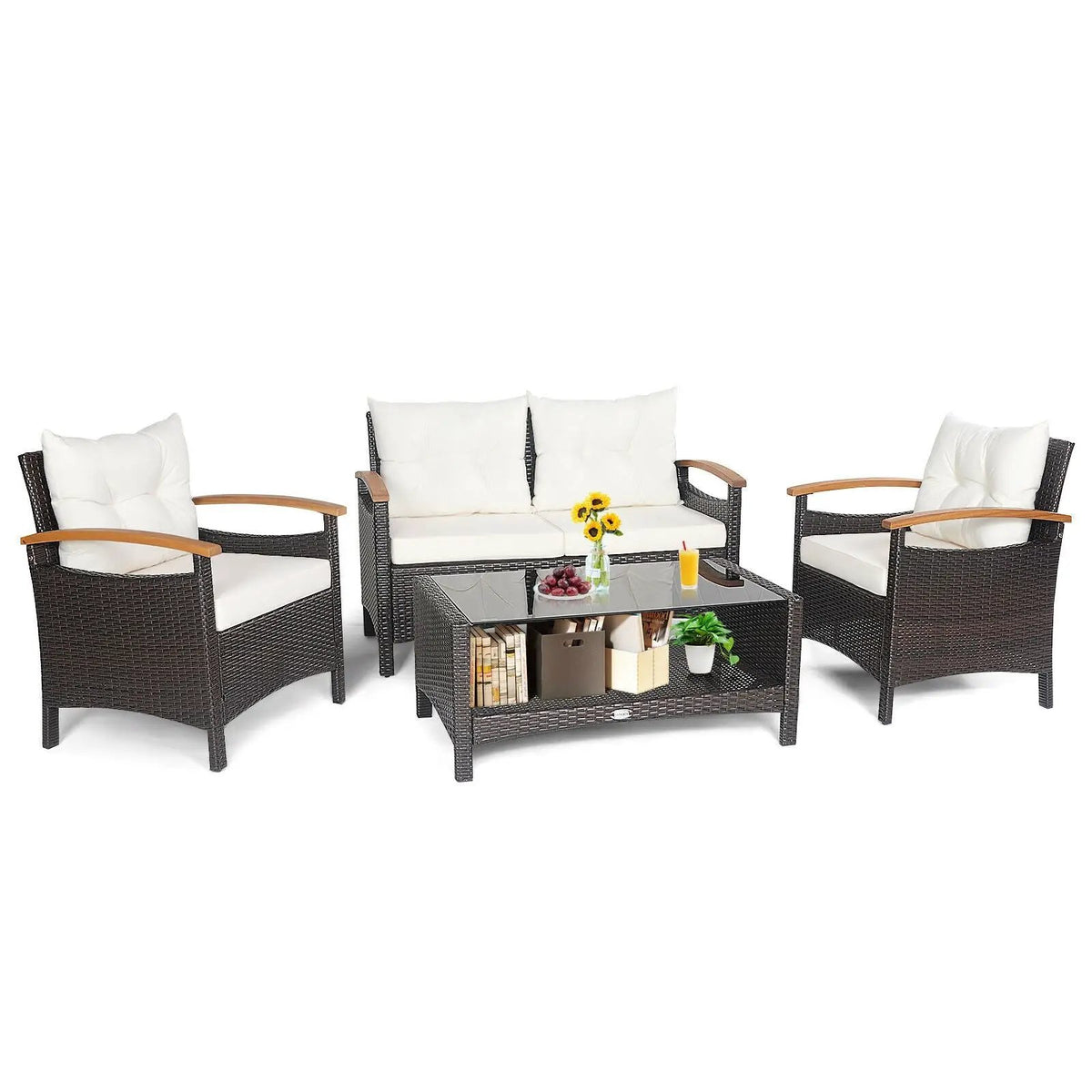 4 Pieces Patio Rattan Furniture Set with Cushioned Sofa and Storage Table, photo 4 of 9