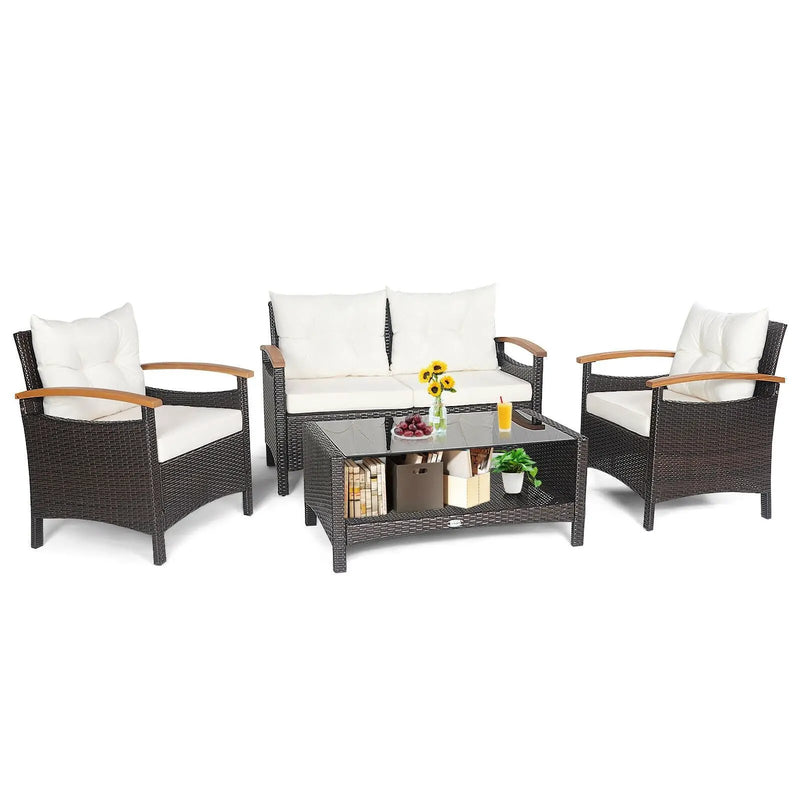 4 Pieces Patio Rattan Furniture Set with Cushioned Sofa and Storage Table by DirectDeals