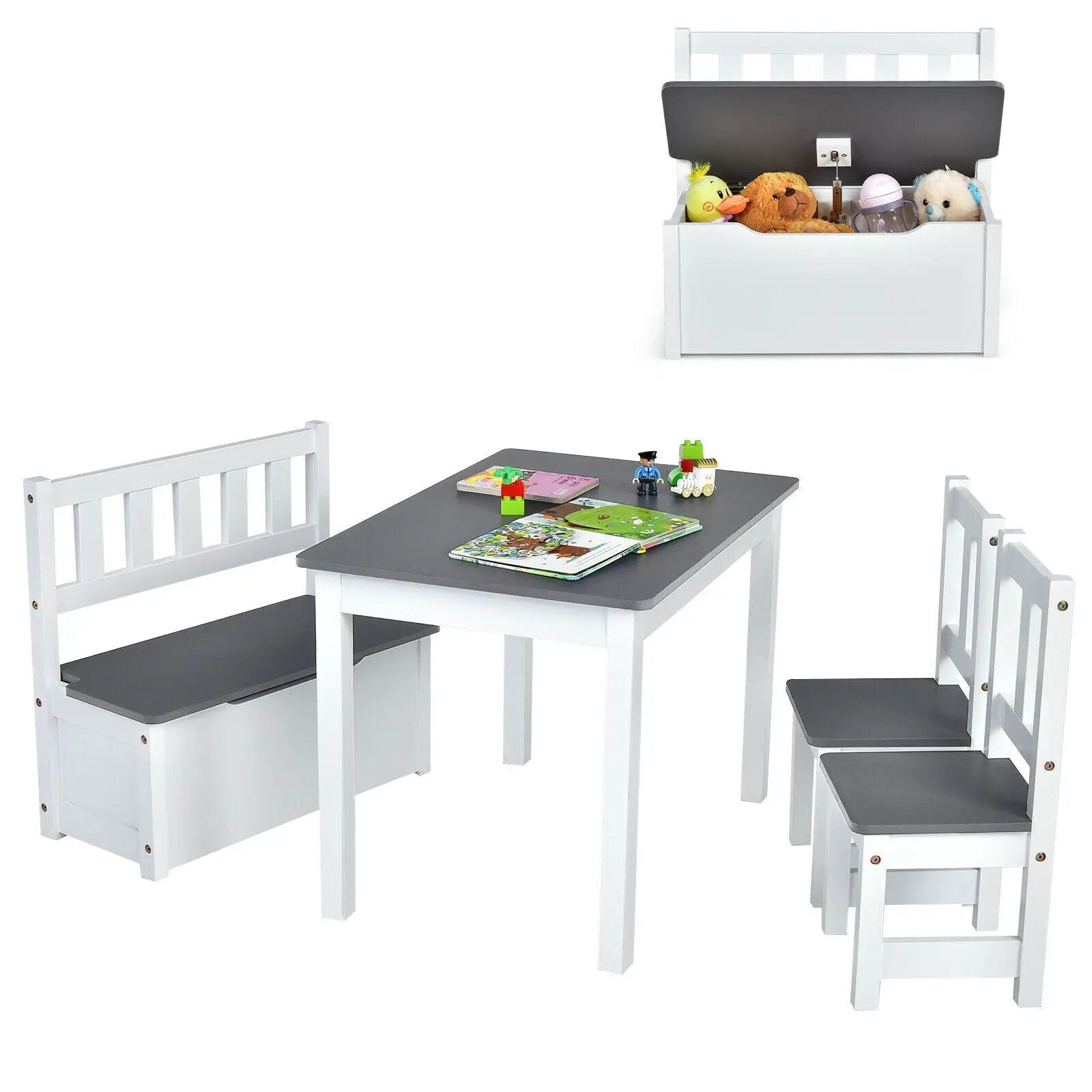 4 Pieces Kids Wooden Activity Table and Chairs Set with Storage Bench and Study Desk by DirectDeals