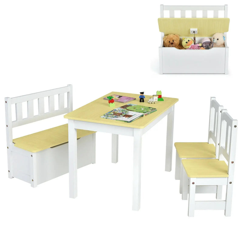 4 Pieces Kids Wooden Activity Table and Chairs Set with Storage Bench and Study Desk by DirectDeals