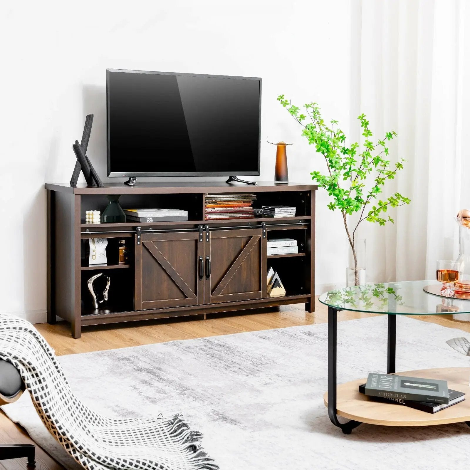 59 Inch Sliding Barn Door TV Stand with Adjustable Shelves for TVs up to 65 Inch by DirectDeals