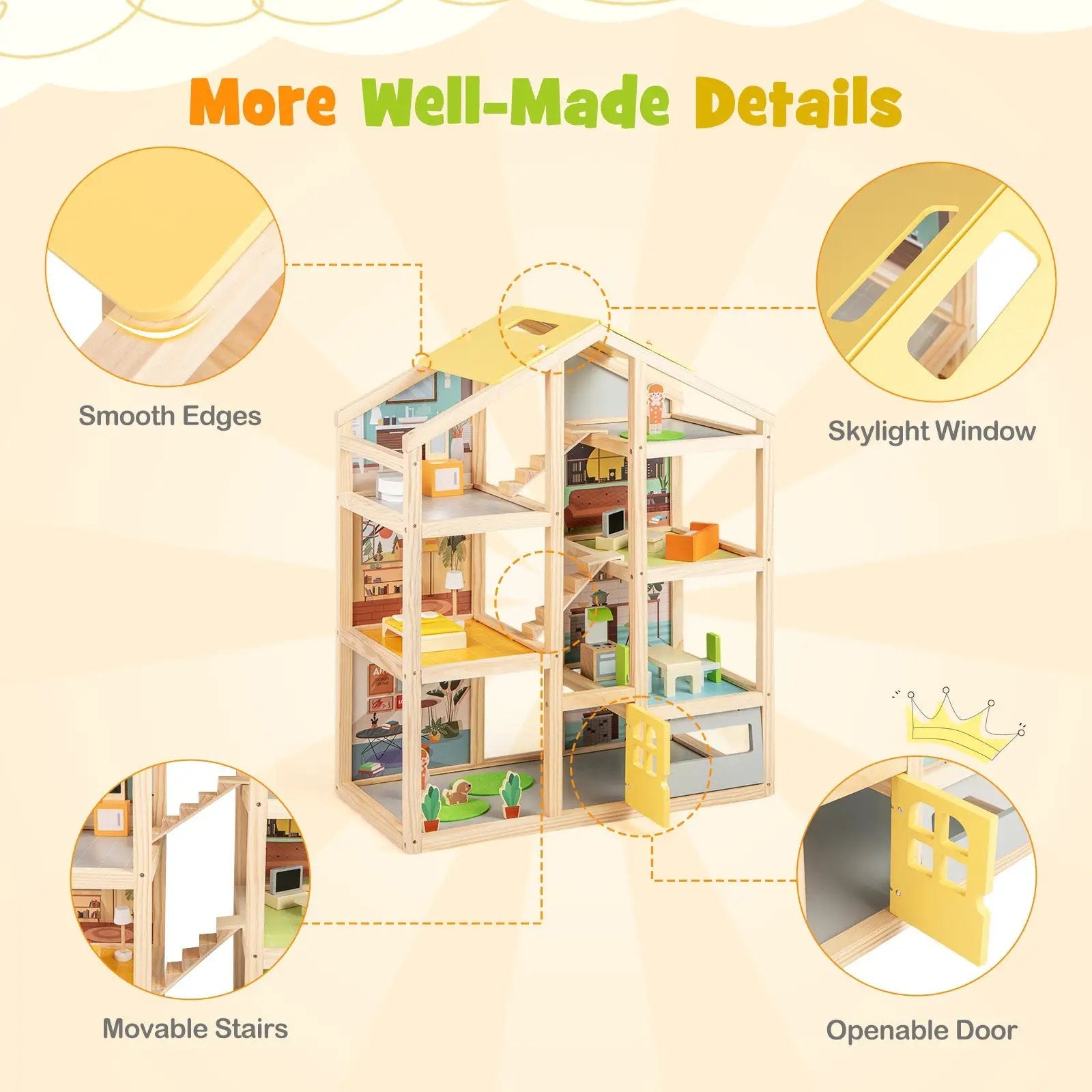 Wooden Dollhouse for Kids Modern Family Pretend Playhouse with Furniture Pieces and Figures-Natural by DirectDeals