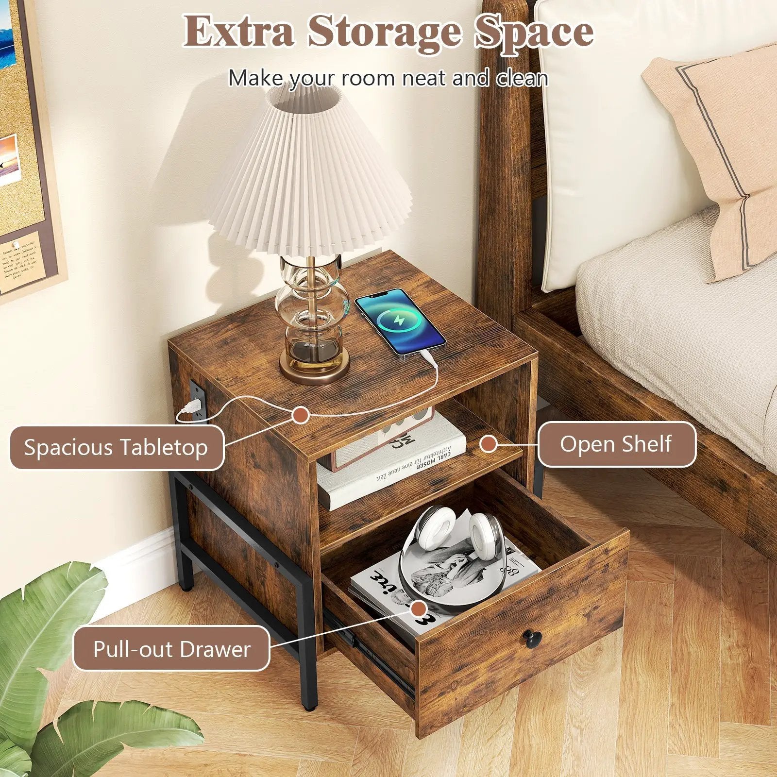 Nightstand with Charging Station and Drawer Sofa Side Table-Rustic Brown by DirectDeals