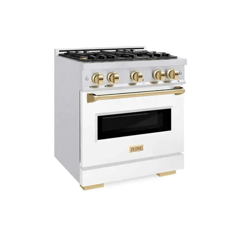 ZLINE 30" Dual Fuel Range, Gas Cooktop, Electric Convection Oven DuraSnow® Stainless Steel, White Matte Door, Gold CDRSZ-WM-30-G by Farmhouse Kitchen and Bath