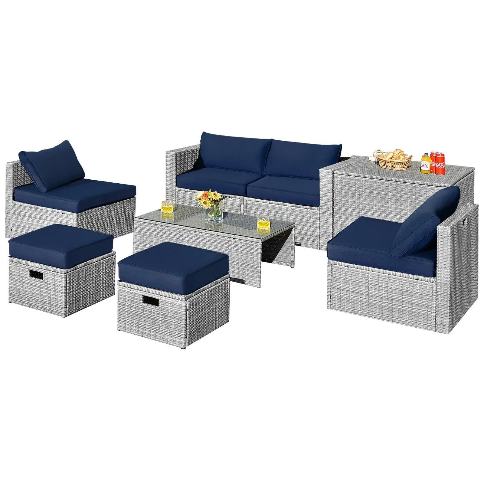 8 Pieces Patio Rattan Furniture Set with Storage Waterproof Cover and Cushion by DirectDeals