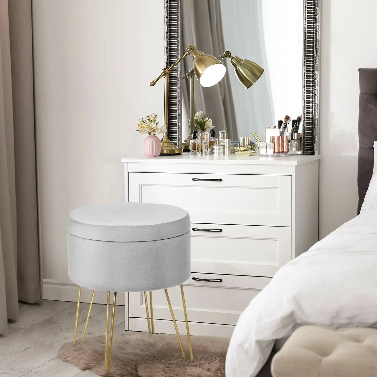 Round Velvet Storage Ottoman Footrest Stool Vanity Chair with Metal Legs, photo 5 of 24