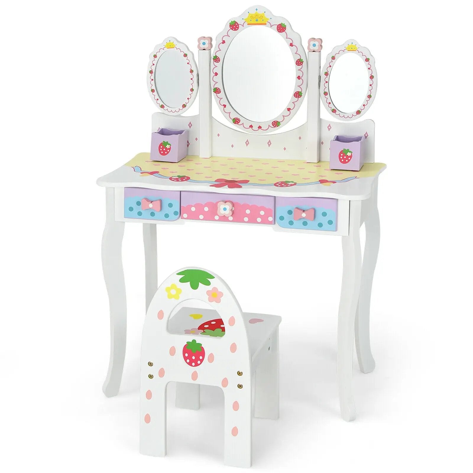 Kids Vanity Princess Makeup Dressing Table Chair Set with Tri-fold Mirror by DirectDeals