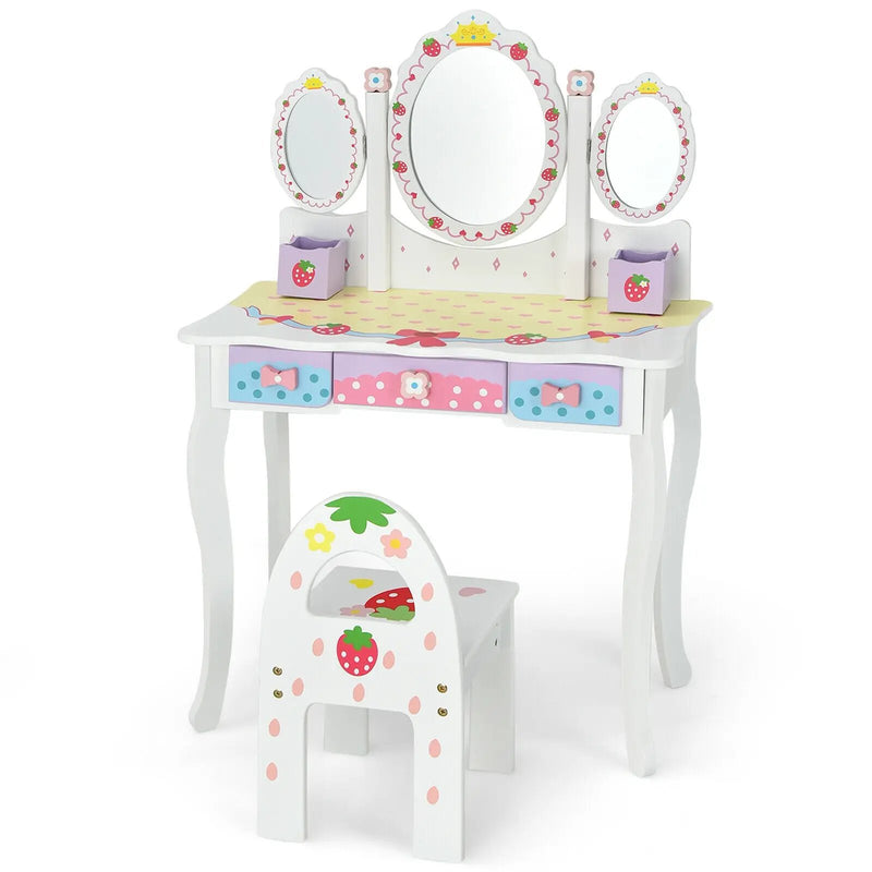 Kids Vanity Princess Makeup Dressing Table Chair Set with Tri-fold Mirror by DirectDeals