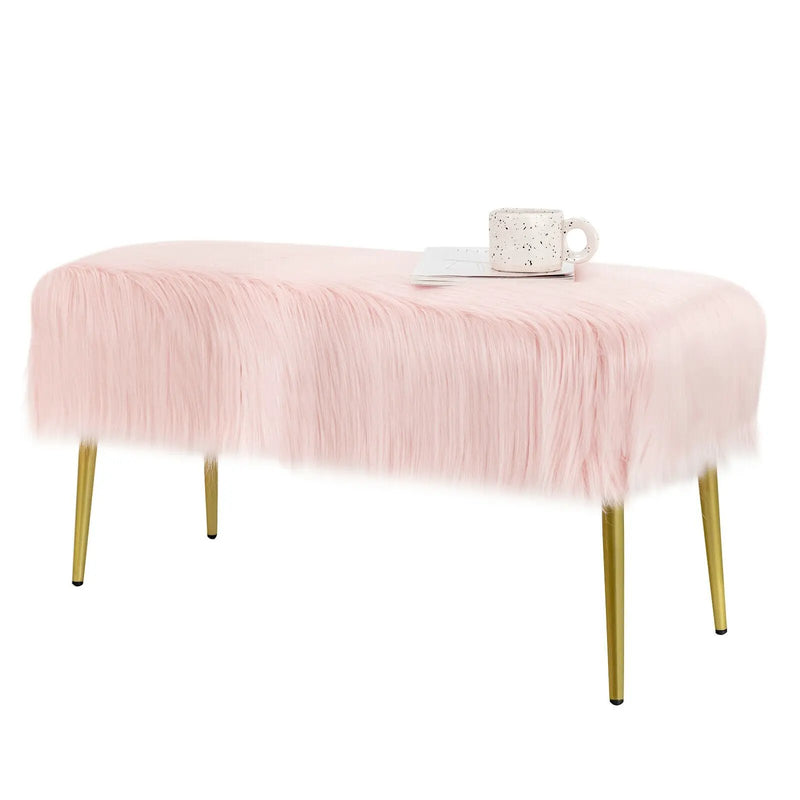Upholstered Faux Fur Vanity Stool with Golden Legs for Makeup Room by DirectDeals