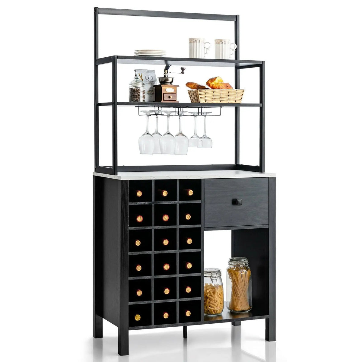 Kitchen Bakers Rack Freestanding Wine Rack Table with Glass Holder and Drawer, photo 3 of 9