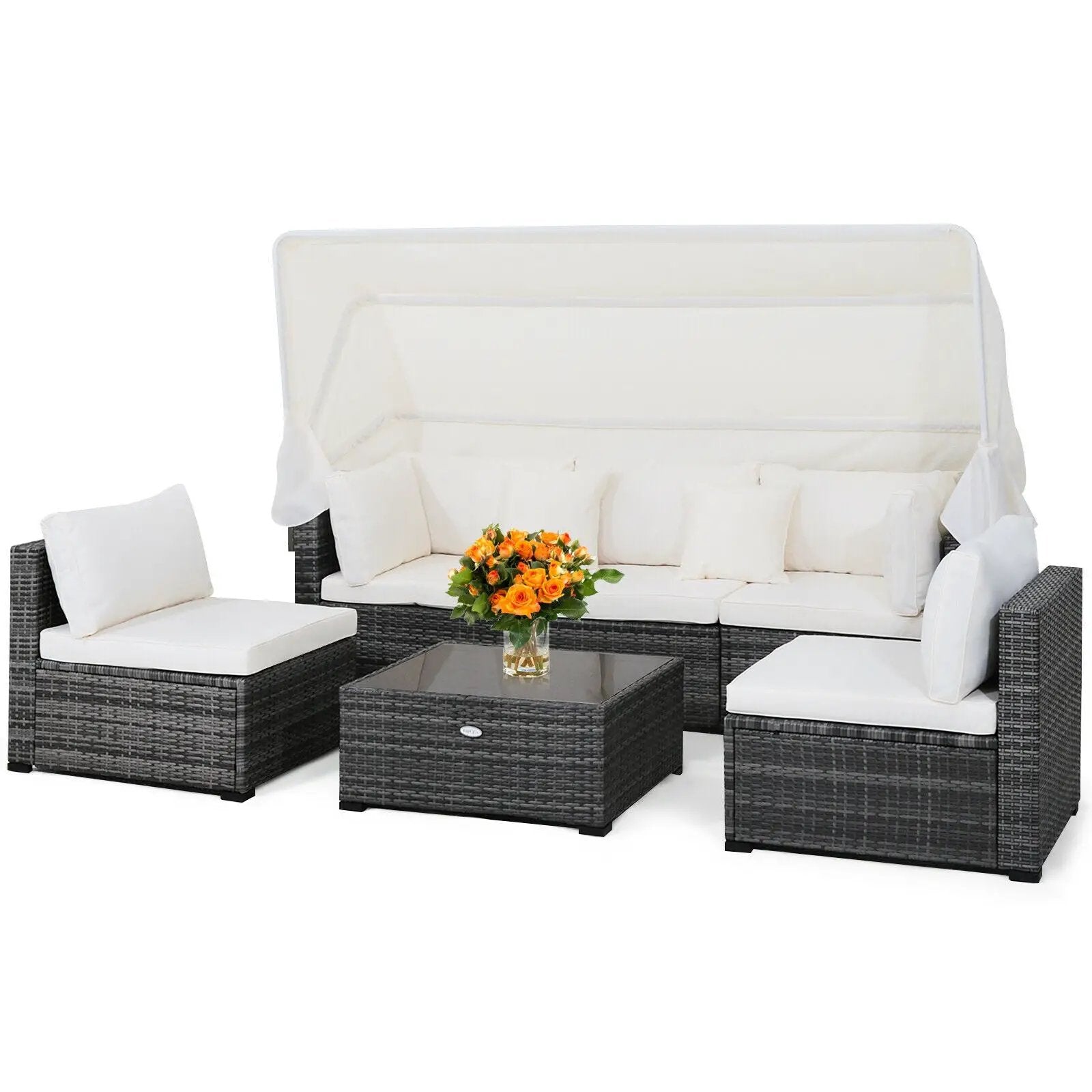 6 Pieces Patio Rattan Furniture Set with Retractable Canopy by DirectDeals