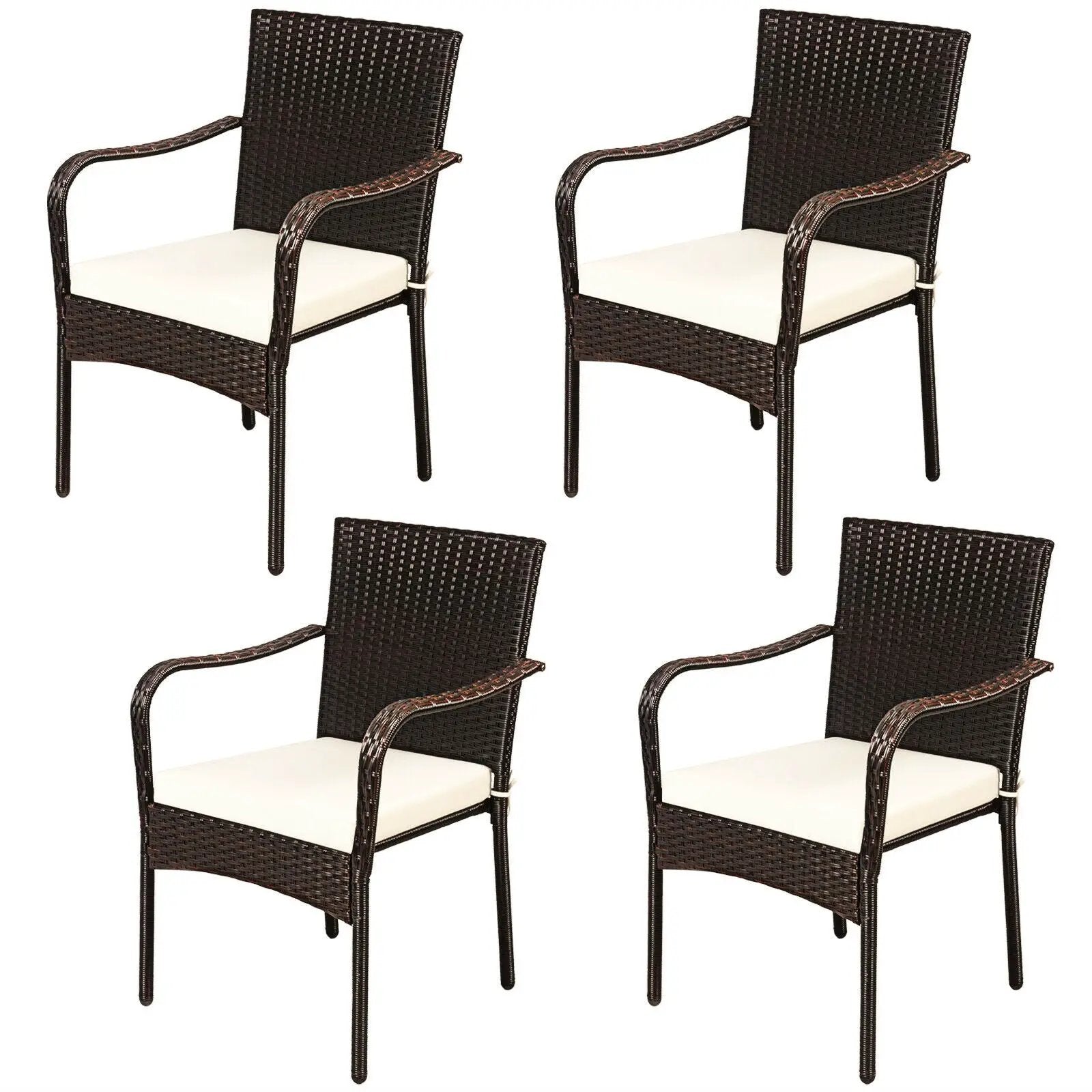 Set of 4 Patio Rattan Stackable Dining Chair with Cushioned Armrest for Garden by DirectDeals