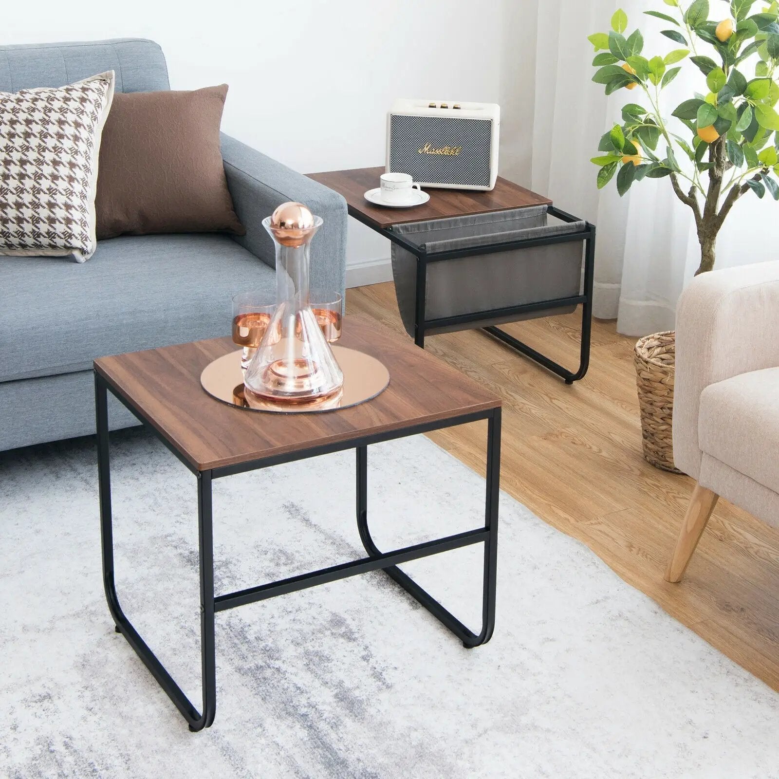 Set of 2 Nesting Coffee Tables with Side Pocket for Living Room Bedroom-Rustic Brown by DirectDeals