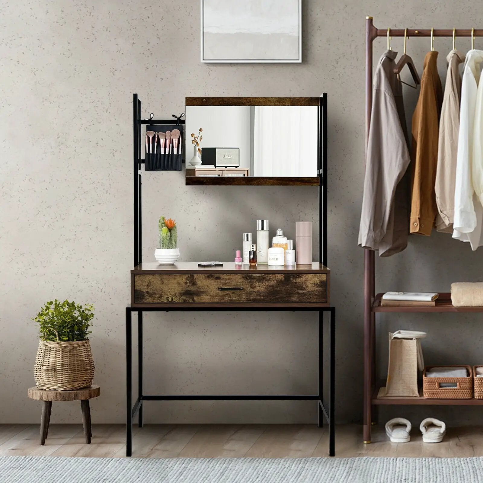 Industrial Vanity Table with 3-Height Adjustable Mirror Bag-Brown by DirectDeals