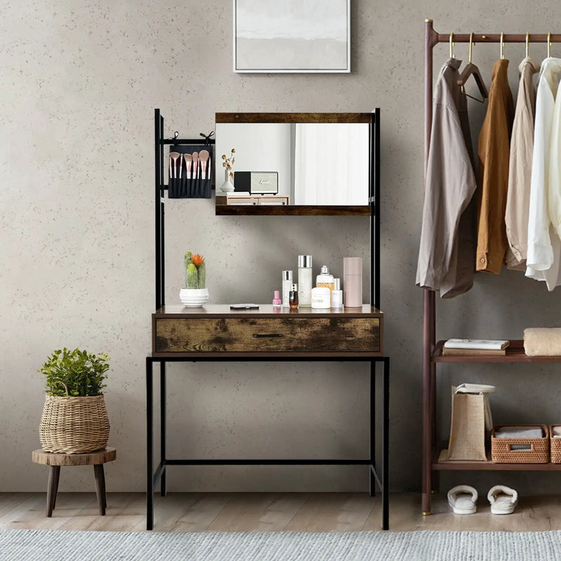 Industrial Vanity Table with 3-Height Adjustable Mirror Bag-Brown by DirectDeals