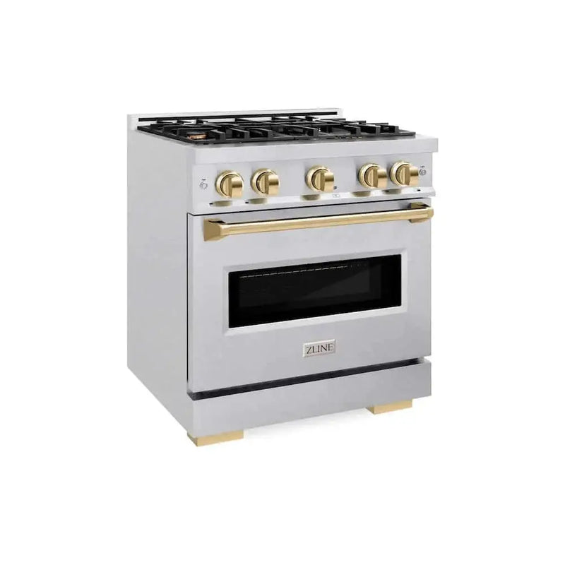 ZLINE 30" Dual Fuel Range, Gas Cooktop, Electric Convection Oven DuraSnow® Stainless Steel, Gold CDRSZ-30-G by Farmhouse Kitchen and Bath