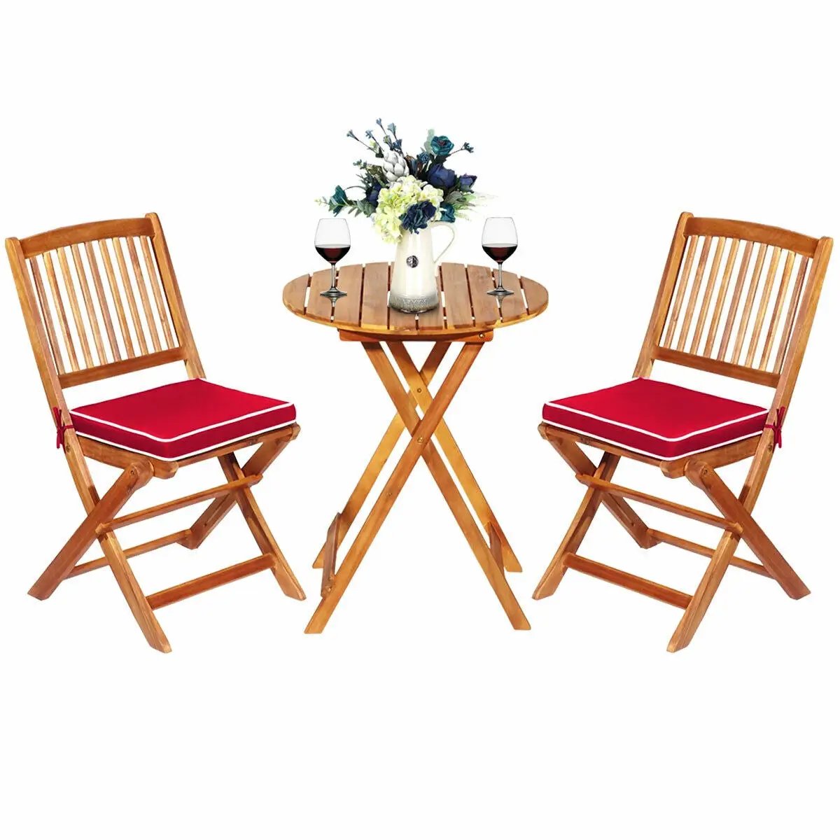 3 Pieces Patio Folding Bistro Set with Padded Cushion and Round Coffee Table-Red by DirectDeals