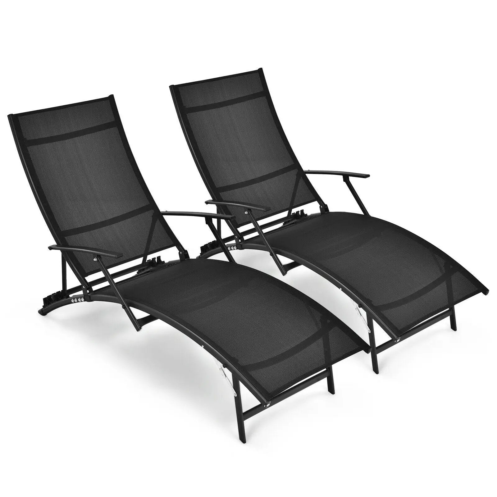 2 Pieces Patio Folding Stackable Lounge Chair Chaise with Armrest-Black by DirectDeals