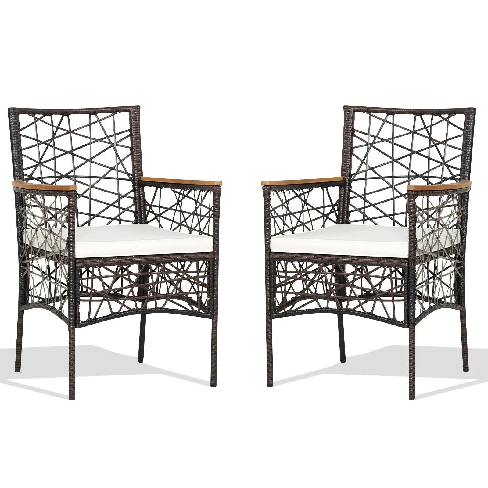 2 Pieces PE Wicker Patio Bistro Dining Chairs with Acacia Wood Armrests and Cushions by DirectDeals
