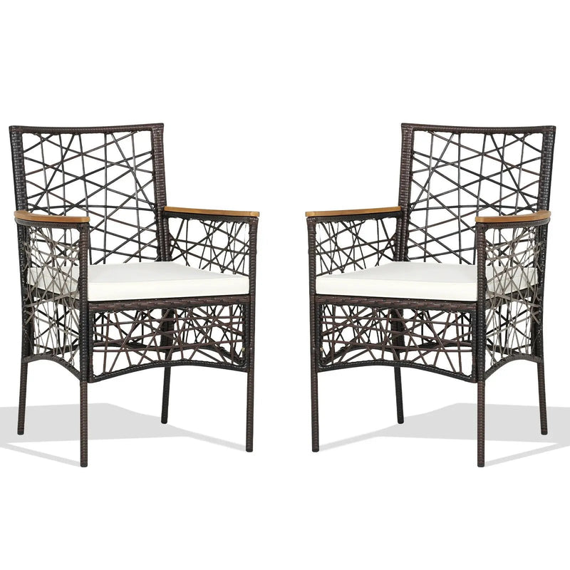 2 Pieces PE Wicker Patio Bistro Dining Chairs with Acacia Wood Armrests and Cushions by DirectDeals