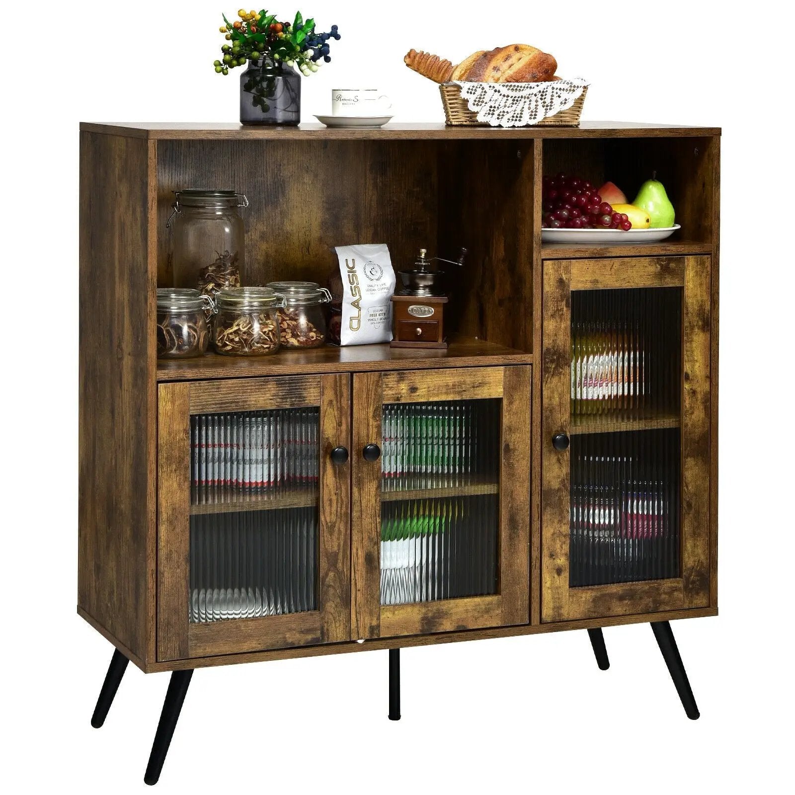 Buffet Kitchen Storage Cupboard with Glass Door and Adjustable Shelves-Rustic Brown by DirectDeals