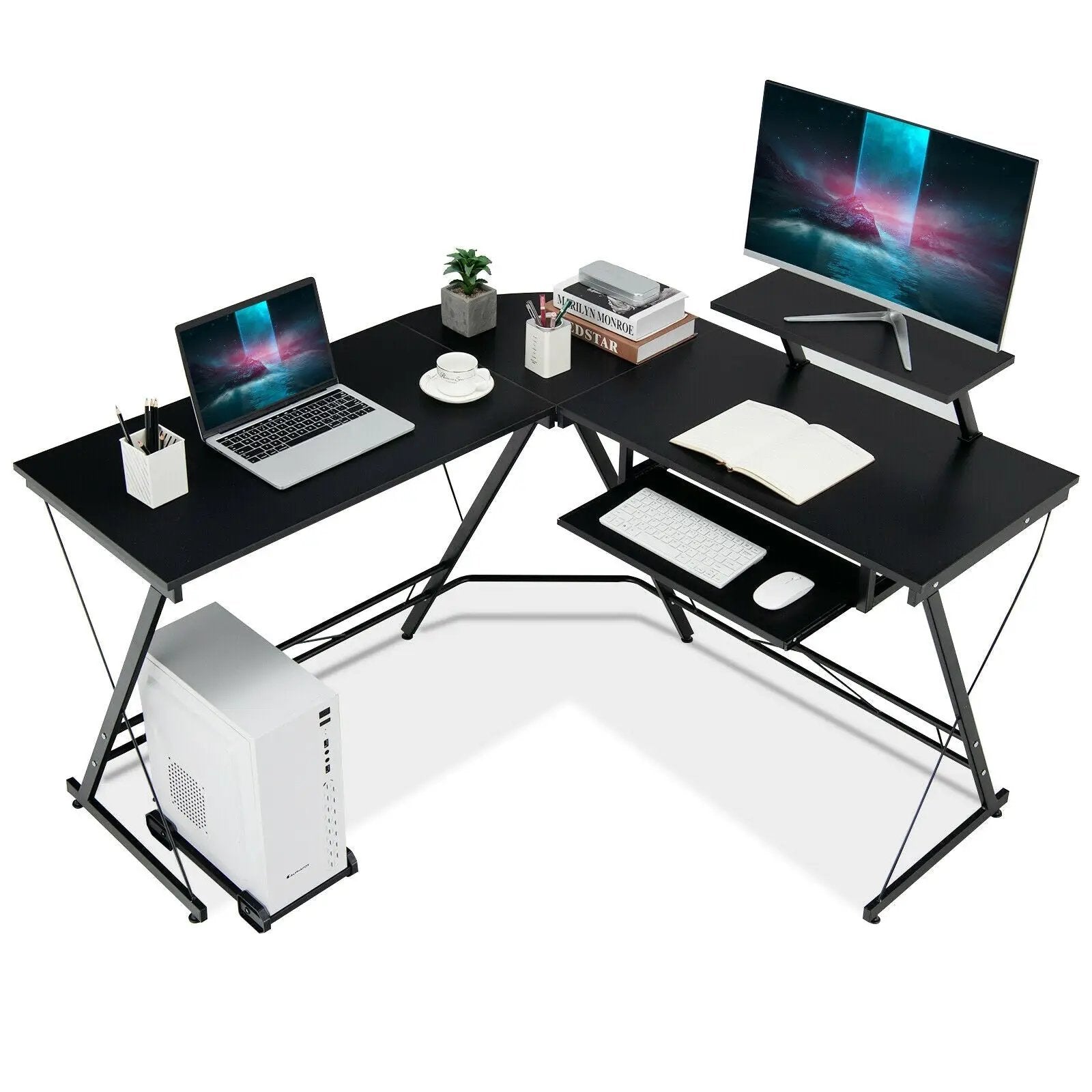 L Shaped Computer Desk Home Office Workstation with Movable Monitor Stand-Black by DirectDeals