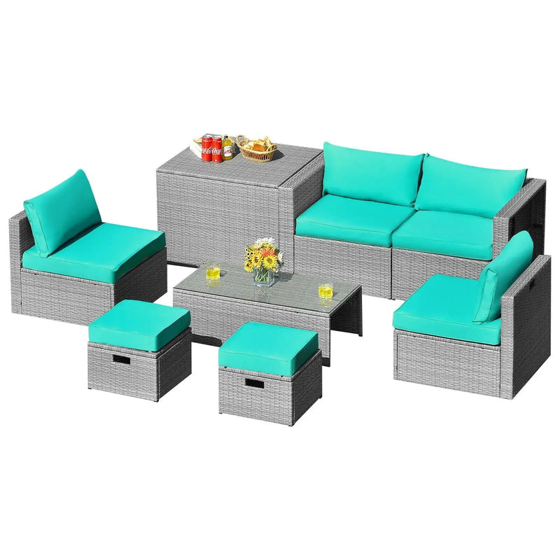 8 Pieces Patio Rattan Furniture Set with Storage Waterproof Cover and Cushion by DirectDeals
