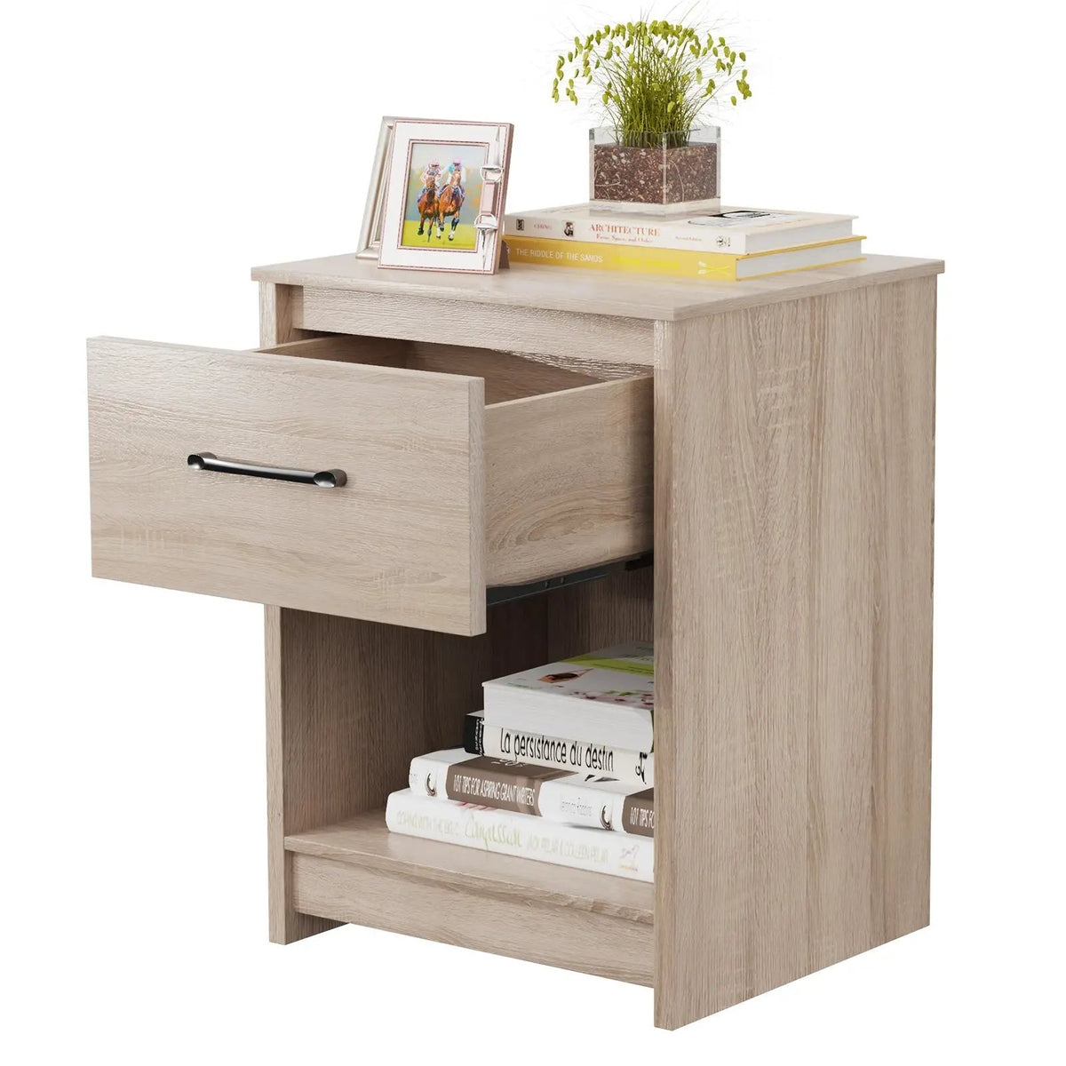 Wooden Nightstand with Drawer and Open Storage Compartment, photo 13 of 24
