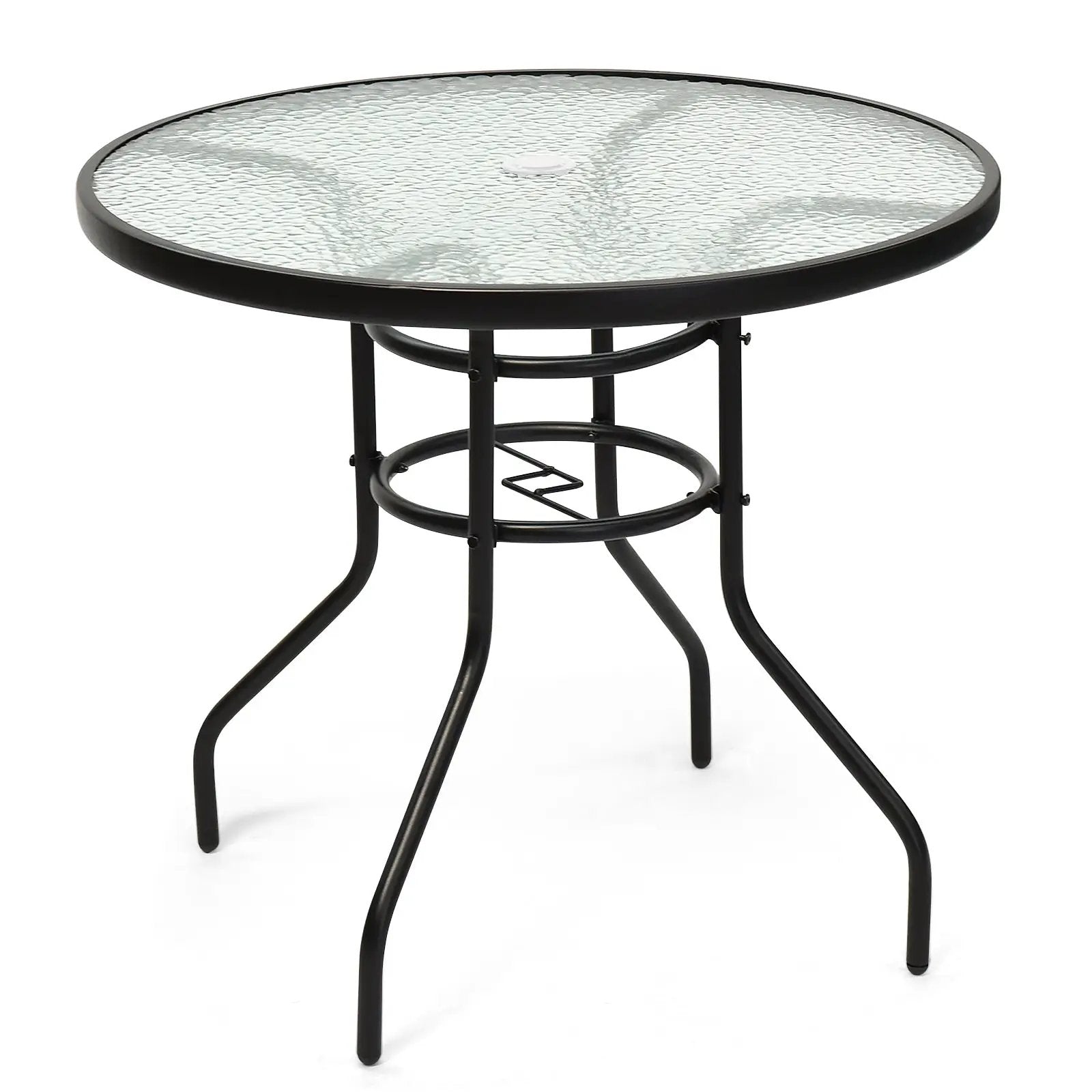 32 Inch Patio Tempered Glass Steel Frame Round Table with Convenient Umbrella Hole by DirectDeals