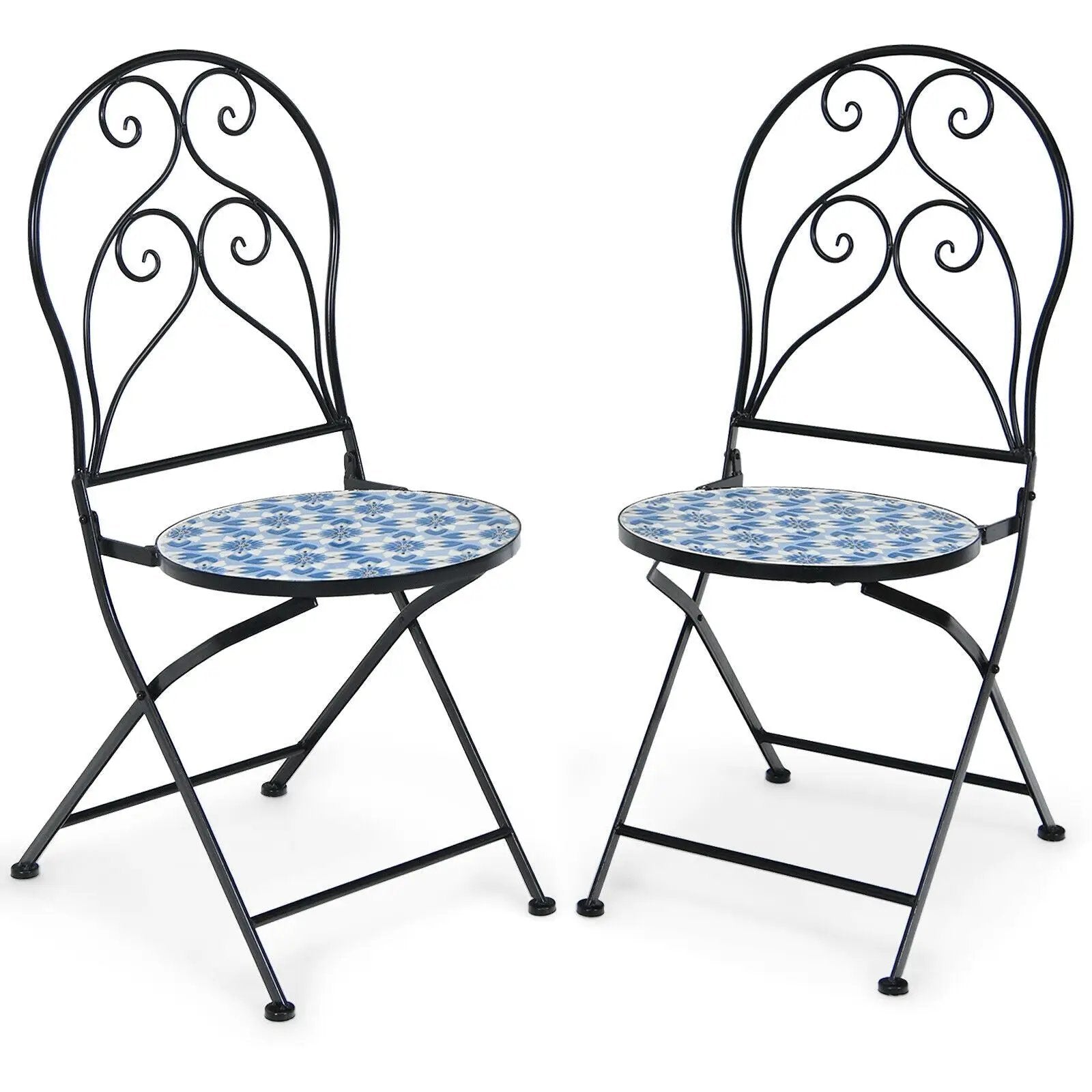 2 Pieces Patio Folding Mosaic Bistro Chairs with Blue Floral Pattern by DirectDeals