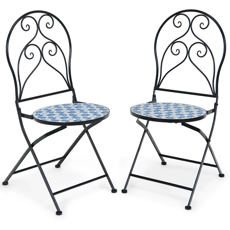 2 Pieces Patio Folding Mosaic Bistro Chairs with Blue Floral Pattern by DirectDeals