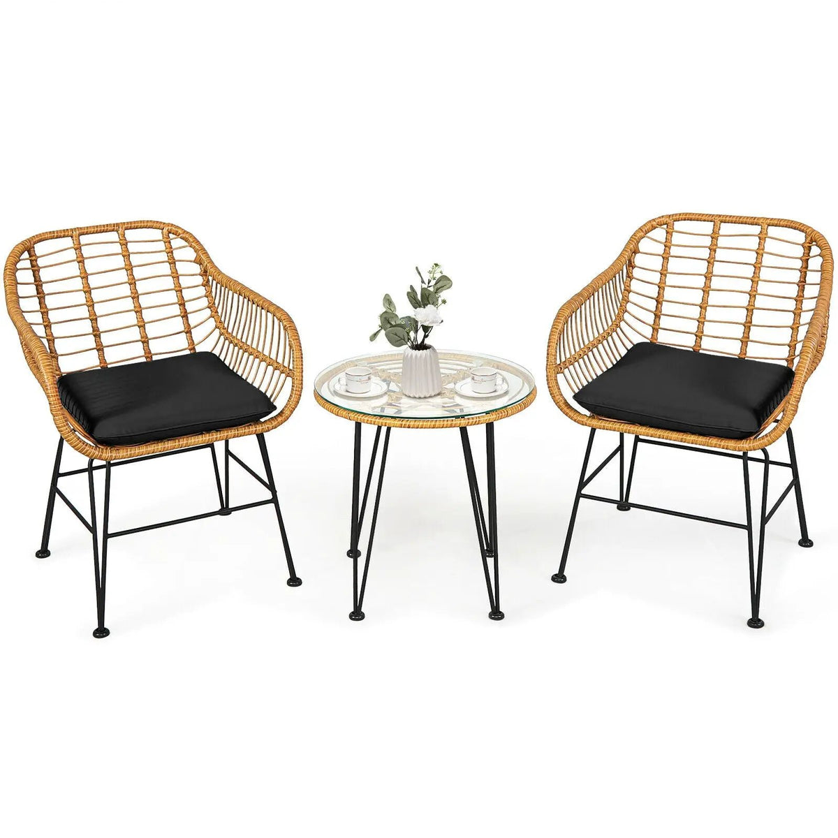 3 Pieces Rattan Furniture Set with Cushioned Chair Table, photo 7 of 13