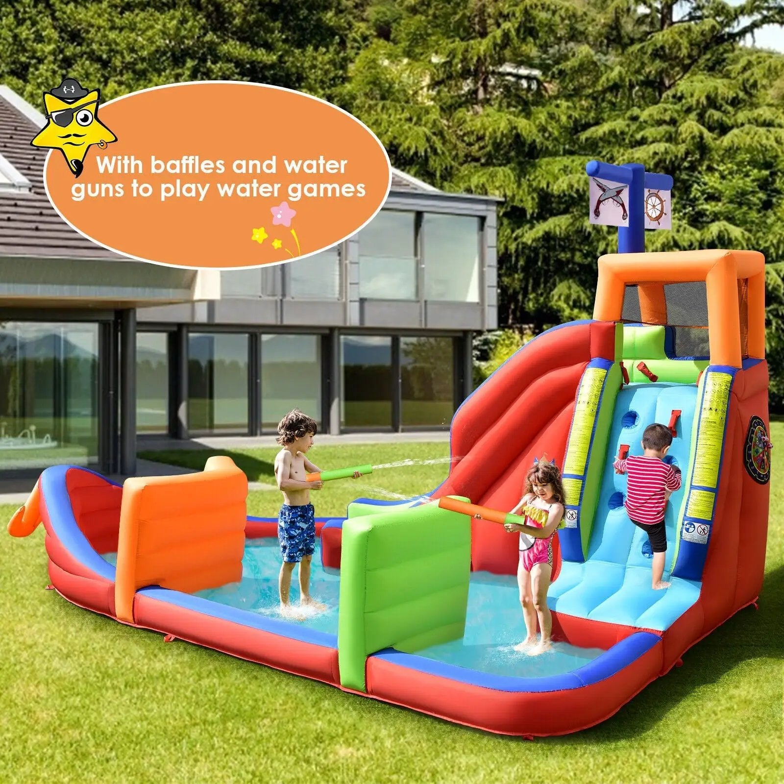 6-in-1 Pirate Ship Waterslide Kid Inflatable Castle with Water Guns and 735W Blower by DirectDeals