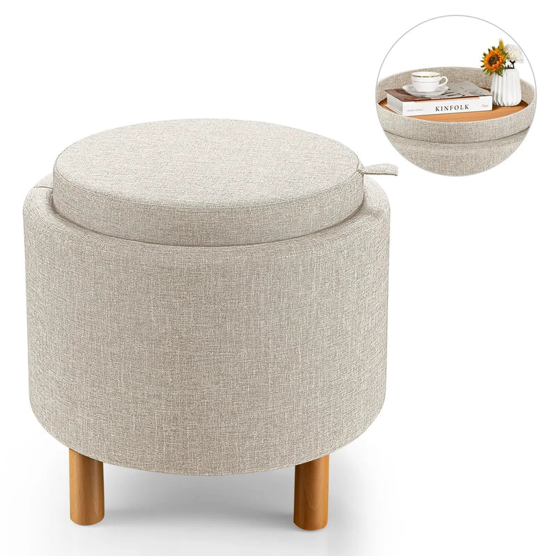 Round Fabric Storage Ottoman with Tray and Non-Slip Pads for Bedroom by DirectDeals