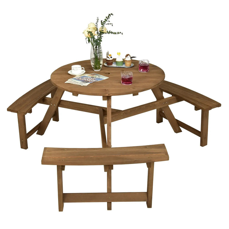 6-person Round Wooden Picnic Table with Umbrella Hole and 3 Built-in Benches-Dark Brown by DirectDeals