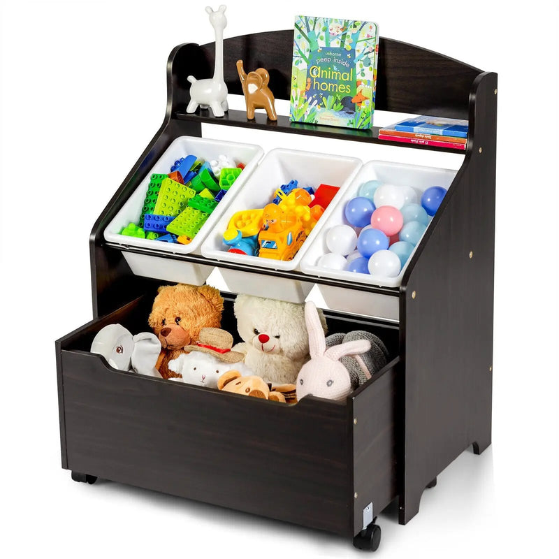 Kids Wooden Toy Storage Unit Organizer with Rolling Toy Box and Plastic Bins by DirectDeals