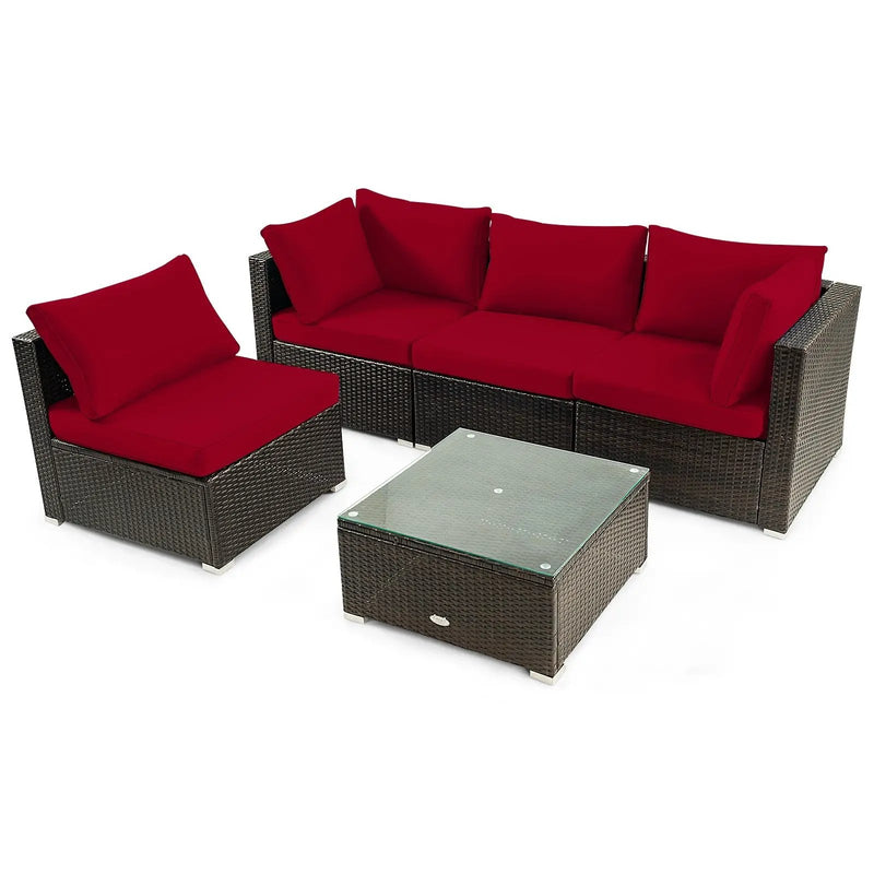5 Pieces Cushioned Patio Rattan Furniture Set with Glass Table by DirectDeals