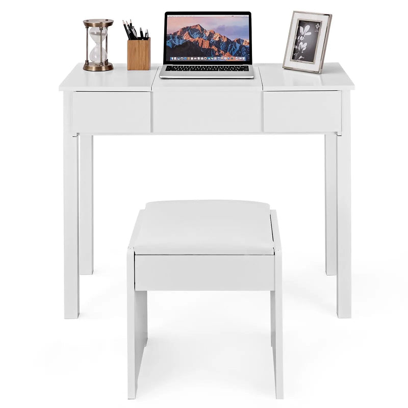 Vanity Makeup Dressing Table Set with Flip Top Mirror and Cushioned Stool by DirectDeals