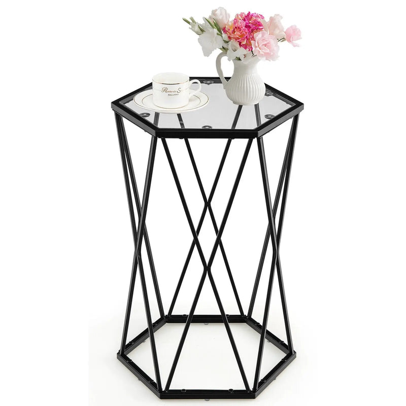 Hexagonal Accent End Table with Tempered Glass Top and Metal Frame by DirectDeals