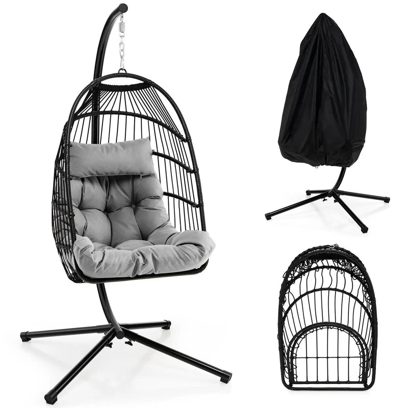 Patio Hanging Egg Chair with Stand Waterproof Cover and Folding Basket-Gray by DirectDeals