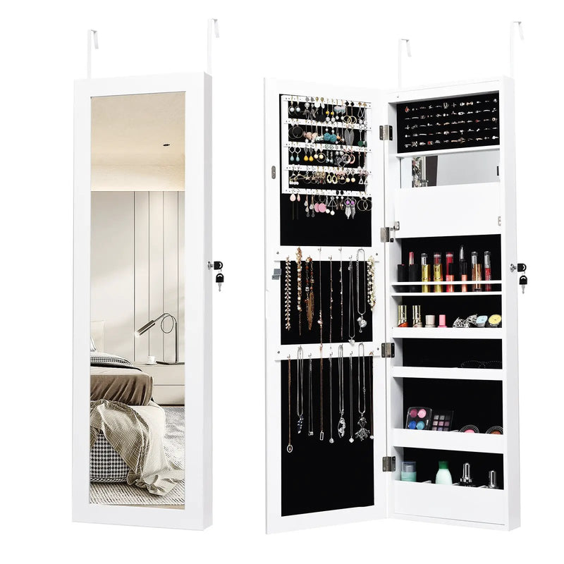 Lockable Wall Door Mounted Mirror Jewelry Cabinet w/LED Lights by DirectDeals